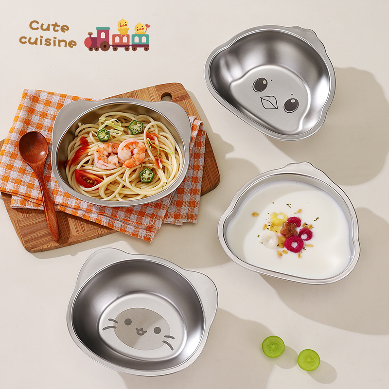 Children's Rice Bowl, Dinner Plate, 304 Stainless Steel Baby Food Supplement Small Bowl, Baby Tableware, Cartoon Animals, Available with Suction Cup
