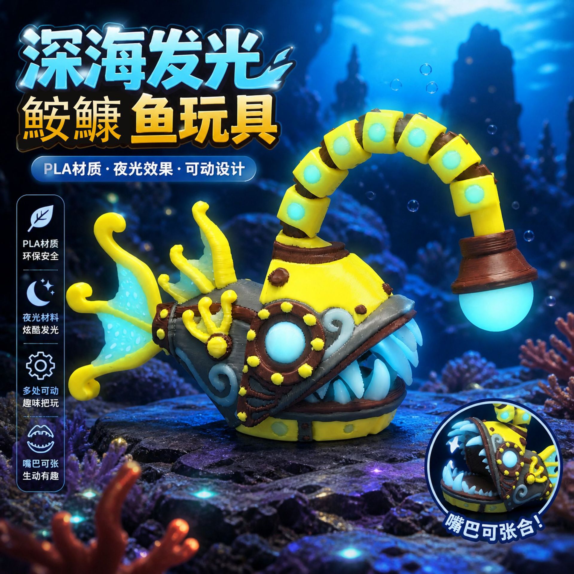 Glowing Deep-Sea Anglerfish, 3D Printed Articulated Toy, PLA Material, Jointed Articulated Figurine