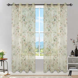 提供图片】印花山茶花纱成品打孔索环窗帘田园风卧室客厅跨境外贸