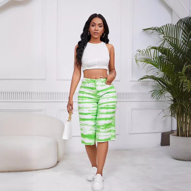 2025 Cross-Border New Fashionable Cropped Pants Tie-Dye Design Mid-Waist Straight Elastic Hip-Lifting Ripped Jeans for Women