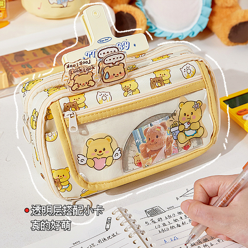 Nuevo oso de queso, estuche para lápices de gran capacidad, almacenamiento multicapa, bolso de dolor sándwich transparente, lindo estuche para lápices para estudiantes de escuela primaria