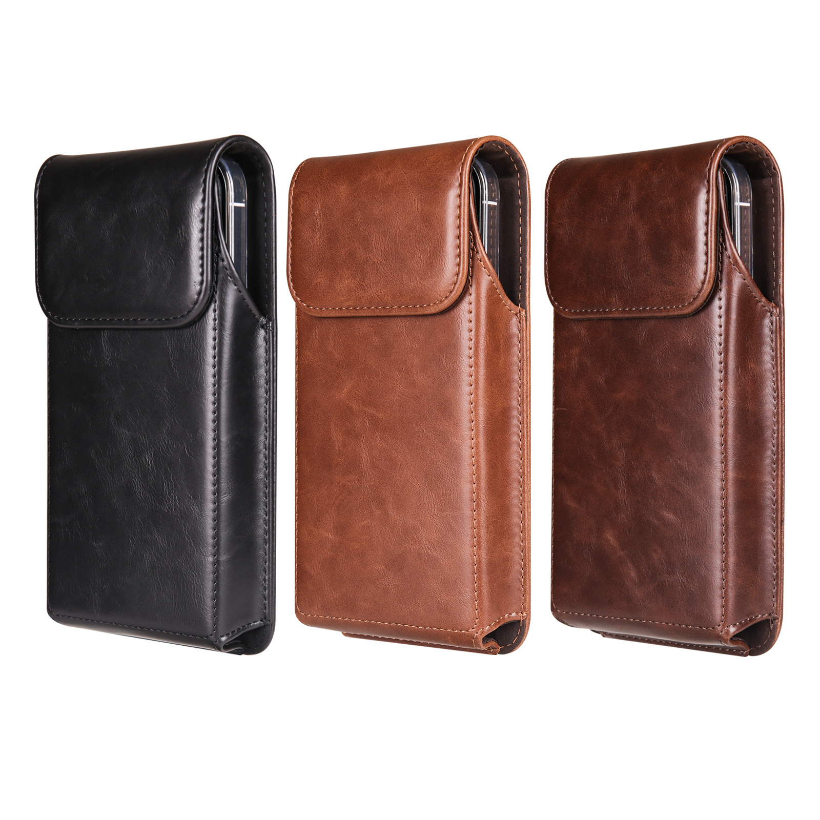 Vertical Mobile Phone Bag Wearing Belt Men's Old Man's Waist Bag Buckle Pants Waist Crazy Horse Pattern Leather Case Fashionable Single-Layer Magnetic Absorption