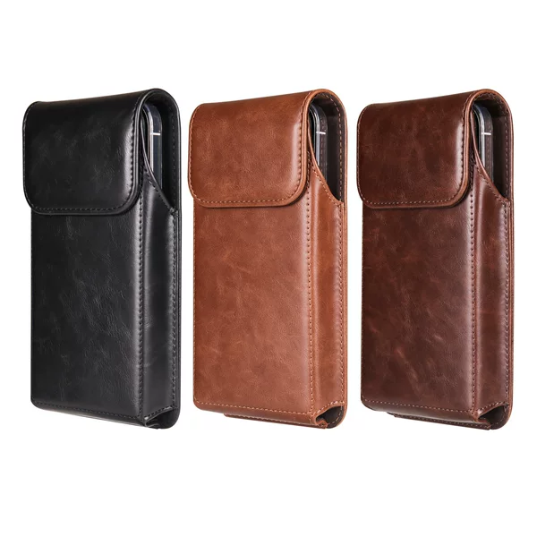 Vertical Mobile Phone Bag Wearing Belt Men's Old Man's Waist Bag Buckle Pants Waist Crazy Horse Pattern Leather Case Fashionable Single-Layer Magnetic Absorption