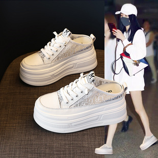 Inner Height 2025 White Shoes Women's New Summer Breathable Mesh Thin Half Shoes Korean Style Outer Wear Thick Sole Shoes