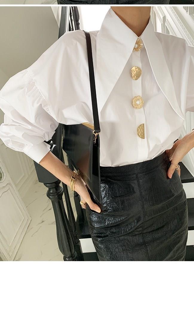 Pointed Collar Blouse for Women White Shirt with Abstract Print Office-to-Date A-Line Top Single Button Closure XS-3XL_voghion.com