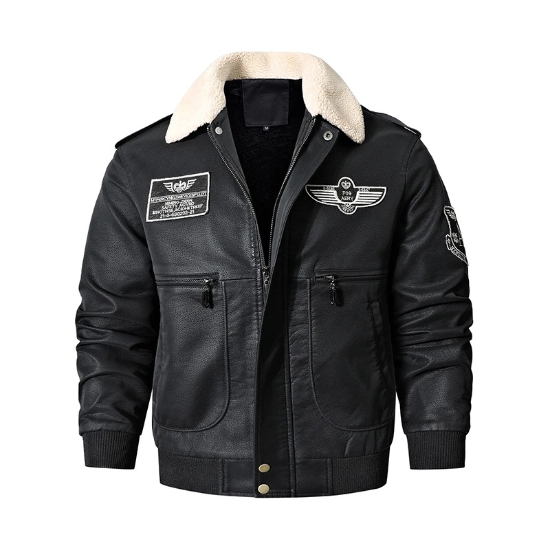 Men's plus size PU pigskin plush collar, pilot motorcycle jacket, men's embroidery and velvet leather jacket_ipsvogv.com