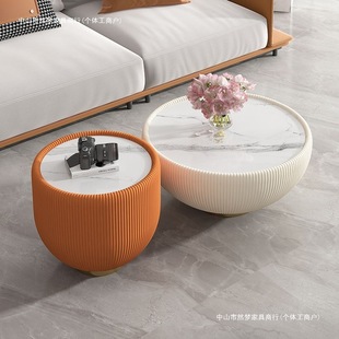 Trendy Small Living Room Light Luxury Sintered Stone Cream Style Coffee Table Set with Large and Small Bowls, Creative Round Home Side Table