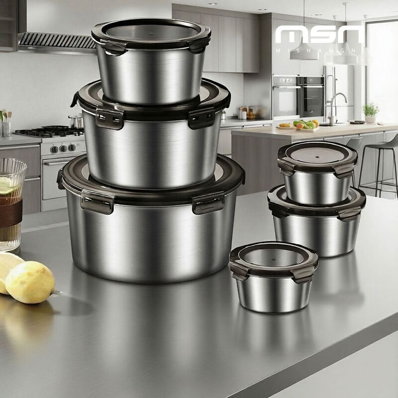 Misangni Cross-Border 304 Stainless Steel Round Set Preservation Box Sealed Storage Jar Food Storage Box Bento Misangni Cross-Border 304 Stainless Steel Round Set Preservation Box Sealed Storage Jar Food Storage Box Bento