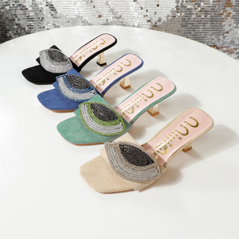 African High-Heeled Women's Slippers and Sandals, Women's Thin-Heeled Outdoor Wear Rhinestone Slippers Heel, European and American Style Square Toe