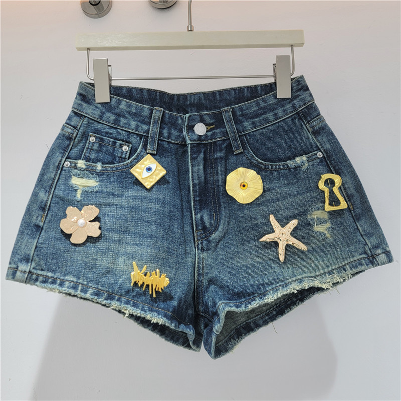 Pantalones Cortos de Mezclilla con Rotos para Mujer con Hebilla Metálica