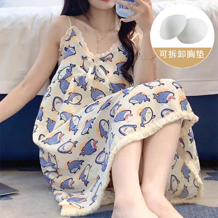 Verano nuevo vestido de dormir damas cojín de pecho pequeño flor triturada sexy suelta dulce ropa casera pijamas rodillas falda larga
