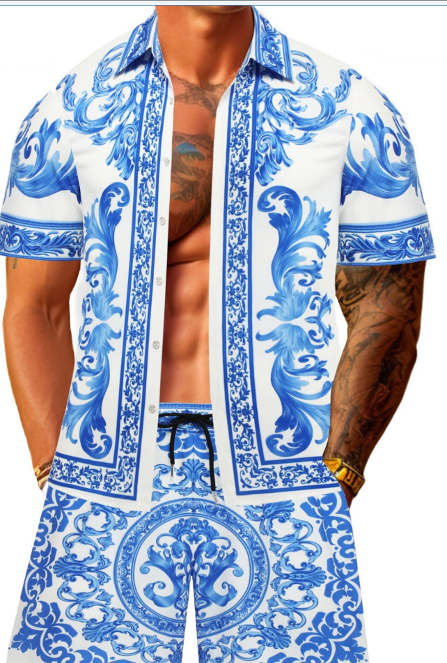 Moda 3D impresión digital spot comercio exterior Xiyin venta caliente verano hawaiano vacaciones camisa pantalones cortos traje de 2 piezas