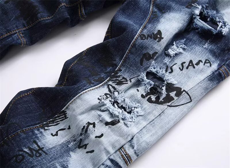 Retro Inspired Ripped & Patched Men's Jeans Stylish Embroidery Tapered Sole mid Waist Cotton Long Black/Gray/Blue Non-Stretch_mkmklike.com