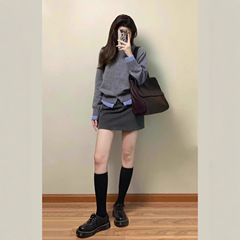 哥家商场同款女装2025秋季拼色圆领针织开衫女外搭短款毛衣外套