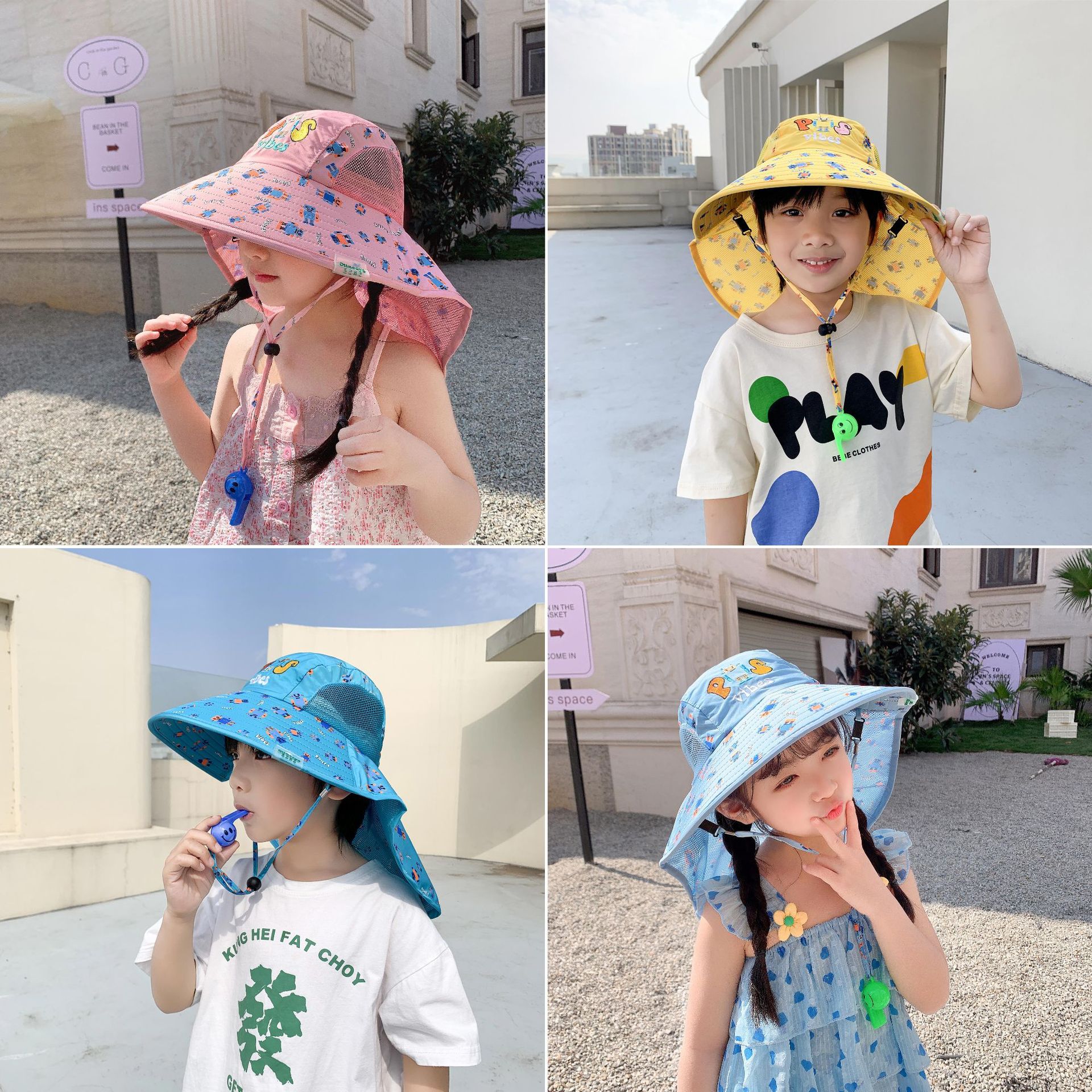 兒童漁夫帽男童女童夏季戶外出遊大檐披肩護頸網眼透氣防曬遮陽帽
