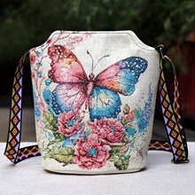 新款民族风包斜挎包 帆布金丝绣女单肩包布包地摊包 花背带缺口包