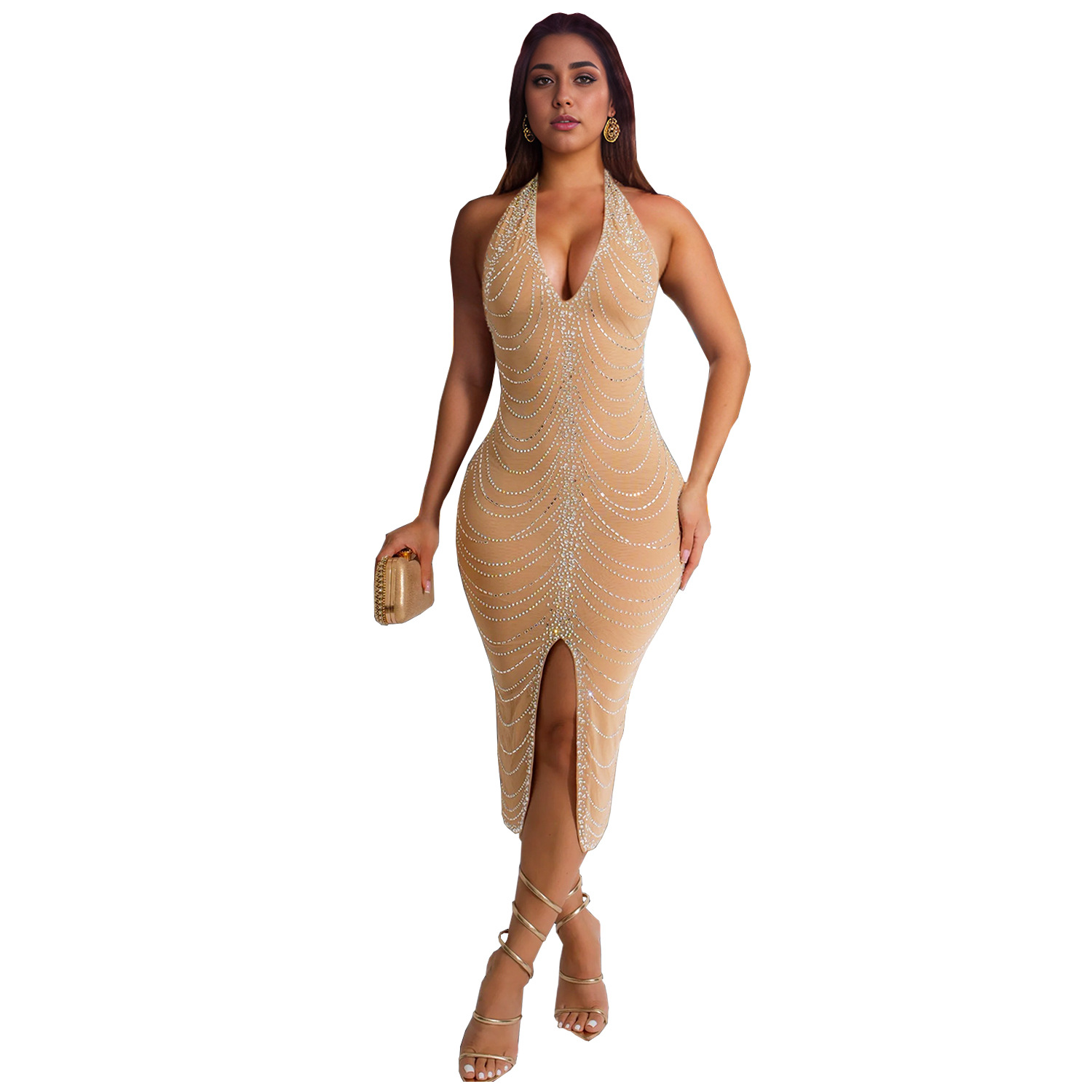 C7095 Aliexpress transfronterizo amazon ropa de moda europea y americana de mujer caliente delgada sexy bolsa de cadera vestido largo