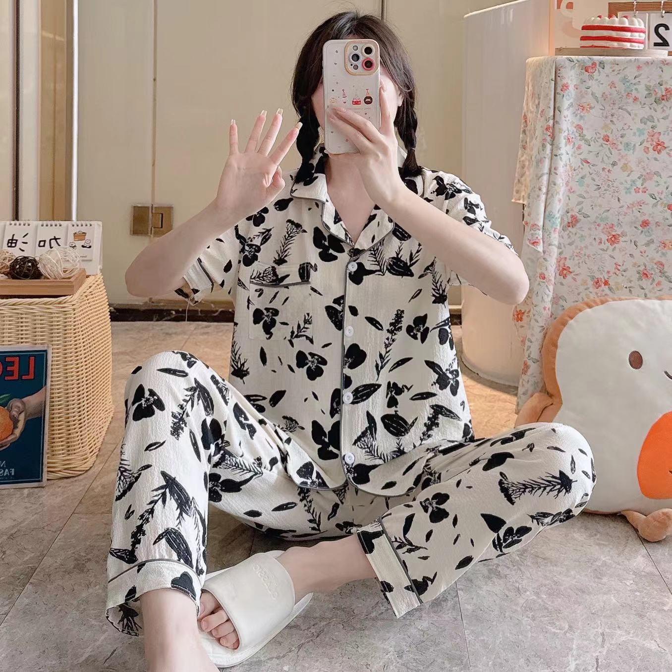 Pajamas de espuma tejidos de verano de algodón pantalones largos de mangas cortas ropa para el hogar de verano delgada de algodón conjunto de dos piezas