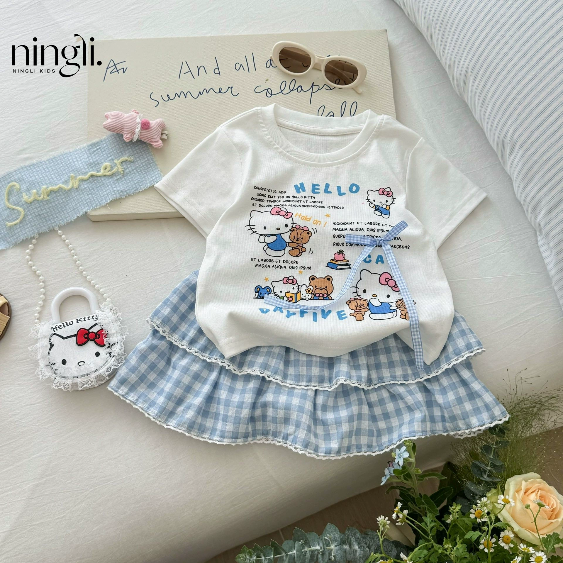 柠里 Cartoon mini-skirt, summer children's T-shirt, cute plaid skirt, set