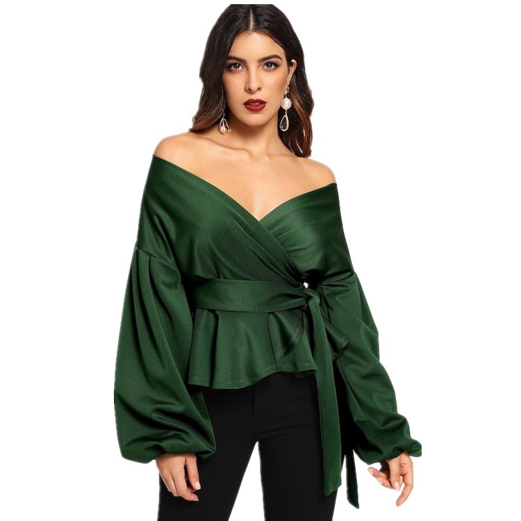 Foreign trade 2019 new women's shirt sexy strapless lantern sleeve shirt bow knot waist shirt
