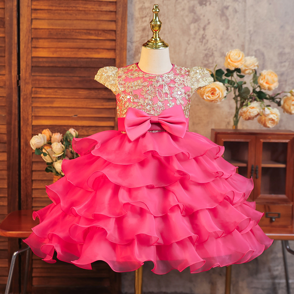 Vestido de niños pastel de arco bordado pequeño anfitrión oganza vestido de boda de chicas