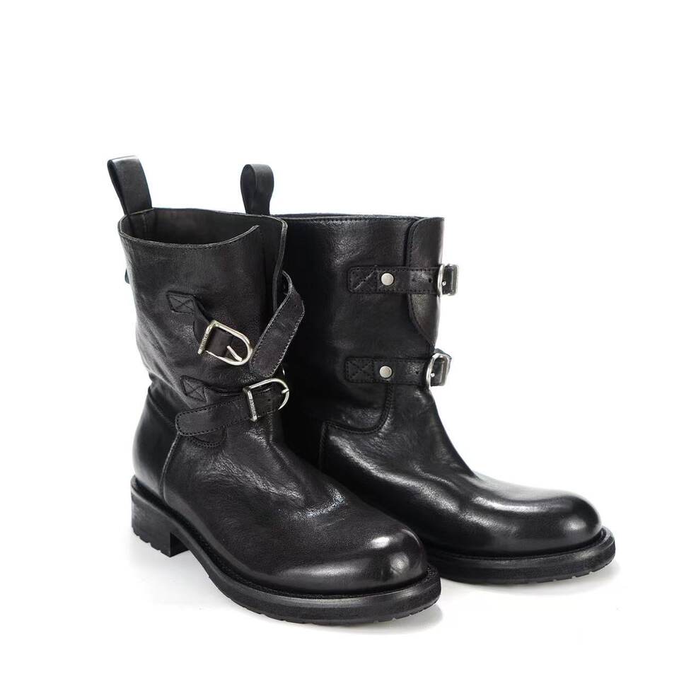 Bốt nữ da bò cổ thấp mũi tròn đế dày gót 3-5 cm — màu đen chi tiết 1