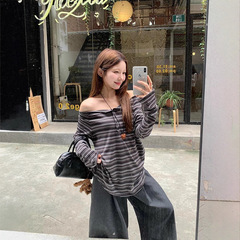 【自家工厂现货】慵懒风条纹一字肩长袖女宽松T恤休闲中长款上衣