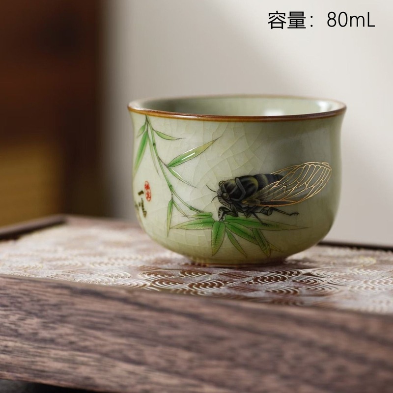 中国風ベージュ汝窯花鳥ティーカップマスターカップゲストカップオープンピースティーカップセラミックティーセットカンフーティーセット|undefined