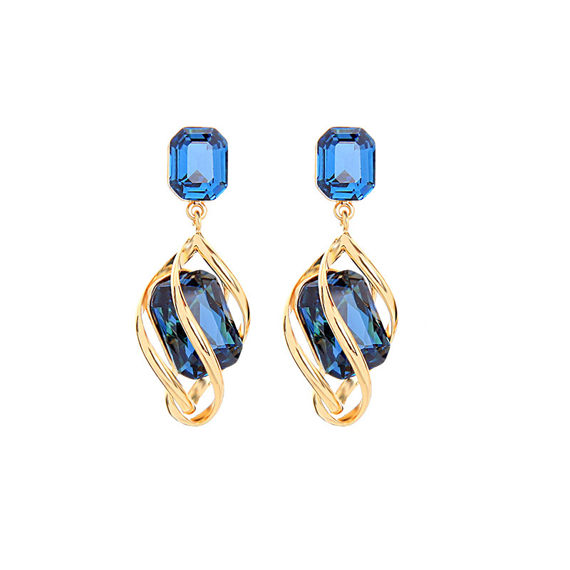 Wholesale Simple Blue Crystal Gem Tassel Copper Earrings display picture 5