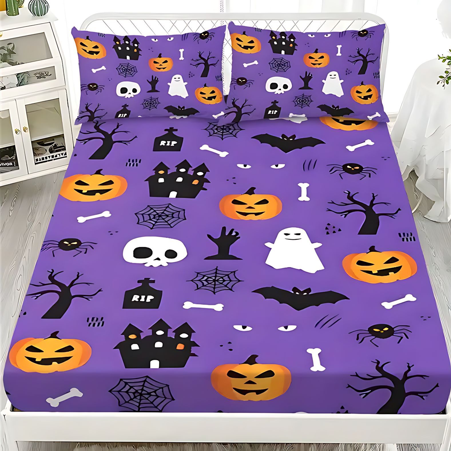 TEMU / JIT Cross-border series de Halloween impresión digital cama suave camisa funda colchón set de ropa de cama