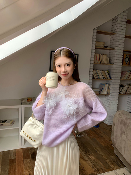 南油高端女装新款法式慵懒风软糯羽毛花蕾丝套头圆领马海毛针织衫|undefined