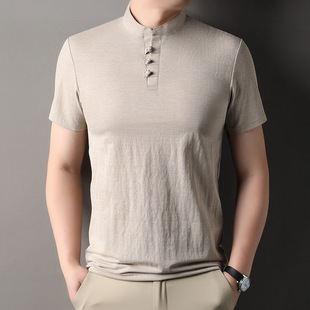 Chinese Style Thin Loose Short-sleeved T-shirt Men's Vertical Collar Buckle National Fashion T-shirt Summer Vintage Casual Breathable Half-sleeved T-shirt