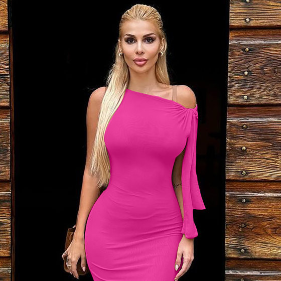 Amazon hot women's 2024 summer new fashion slant collar lace slim solid color hip dress wholesale