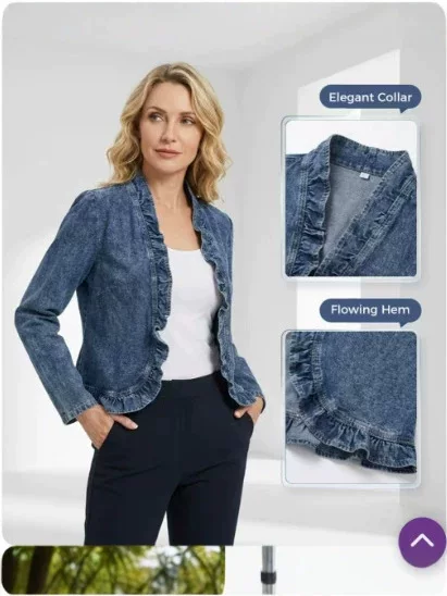 2026 Summer Women's Ruffled Denim Vest, Cross-Border Trade Long-Sleeve Unbuttoned Cardigan Jacket