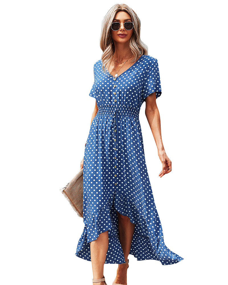 Short-Sleeved V-Neck Polka Dot Single-Breasted Dress NSDY100682