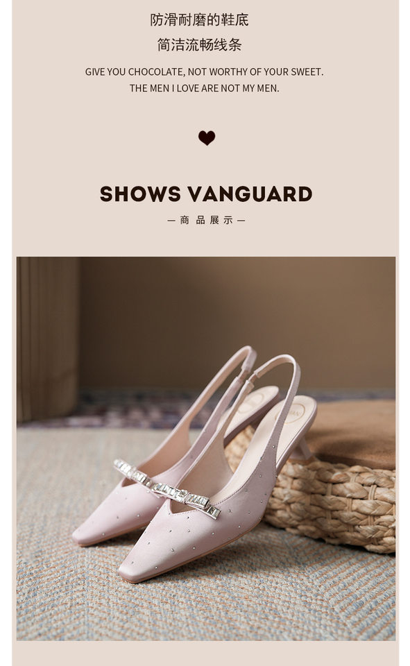 Sandal nữ bít mũi hở gót chất liệu satin đính đá, gót vuông thấp 3–6 cm — Màu be, Màu hồng nhạt, màu đen chi tiết 7