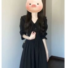 赫本风法式黑领长袖连衣裙早秋新款简约通勤气质中长裙(棉