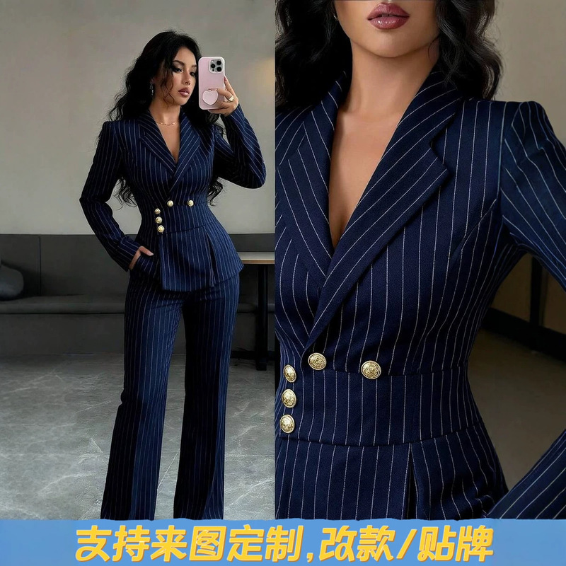 Navy Blue Pinstripe Two-Piece Suit with Deep V Neck and High-Waisted Flared Pants, Women's Commuting Work Outfit Navy Blue Pinstripe Two-Piece Suit with Deep V Neck and High-Waisted Flared Pants, Women's Commuting Work Outfit