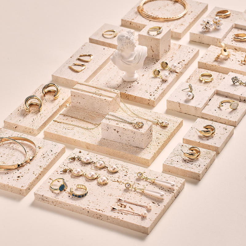 Ins Beige Perforated Stone Natural Marble Pad Earrings Jewelry Necklace Photography Background Props Ins Style