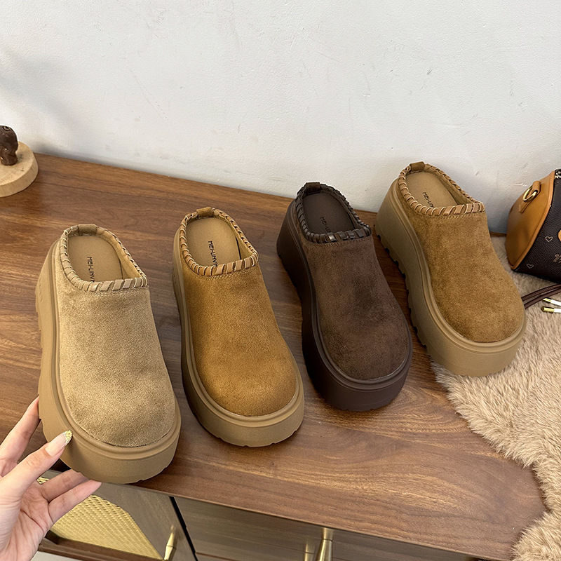 【梵芙娜】厚底包头半拖鞋女2025秋季新款懒人一脚蹬花边勃肯单鞋