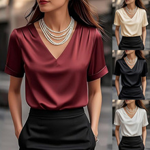 2026亚马逊夏季外贸欧美女装法式V领褶皱设计感气质通勤短袖上衣