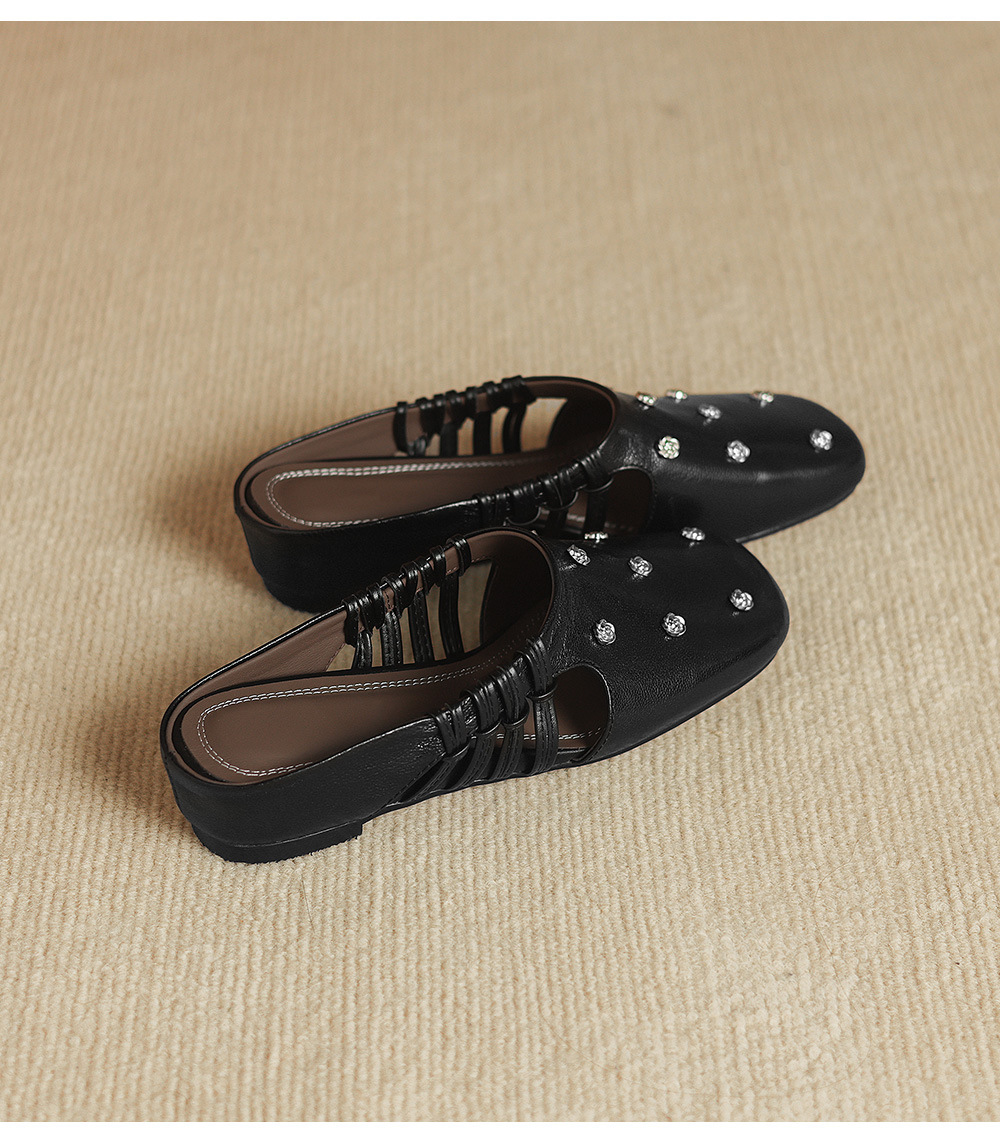 Dép sandal nữ quai chữ V mũi hoa, gót xuồng da dê, đế bệt thoải mái — đen chi tiết 17