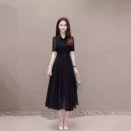 洋气时尚POLO领连衣裙女2024年夏季新款韩版修身拼接过膝长裙子