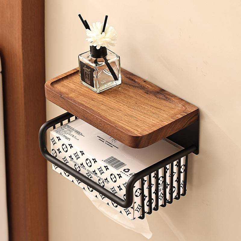 Walnut Paper Towel Holder Bathroom Towel Storage Rack Punch-Free Wall-Mounted Roll Paper Storage Paper Box Mesh Basket