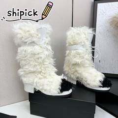 小香风羊卷毛粗跟毛靴马丁靴黑白拼长筒羊毛靴名媛高靴