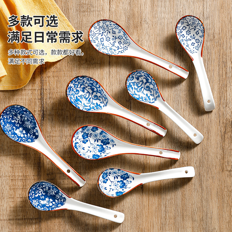 Cuchara japonesa de cerámica hogar Patrón de alto aspecto ins cuchara mezcladora de viento cuchara de gran capacidad diseño de cabeza de cuchara