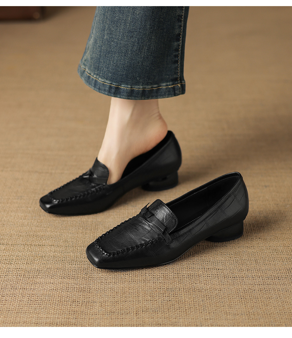 Giày lười nữ da cừu gót thấp 3 cm, mũi tròn dệt vintage, cổ sâu — đen chi tiết 6