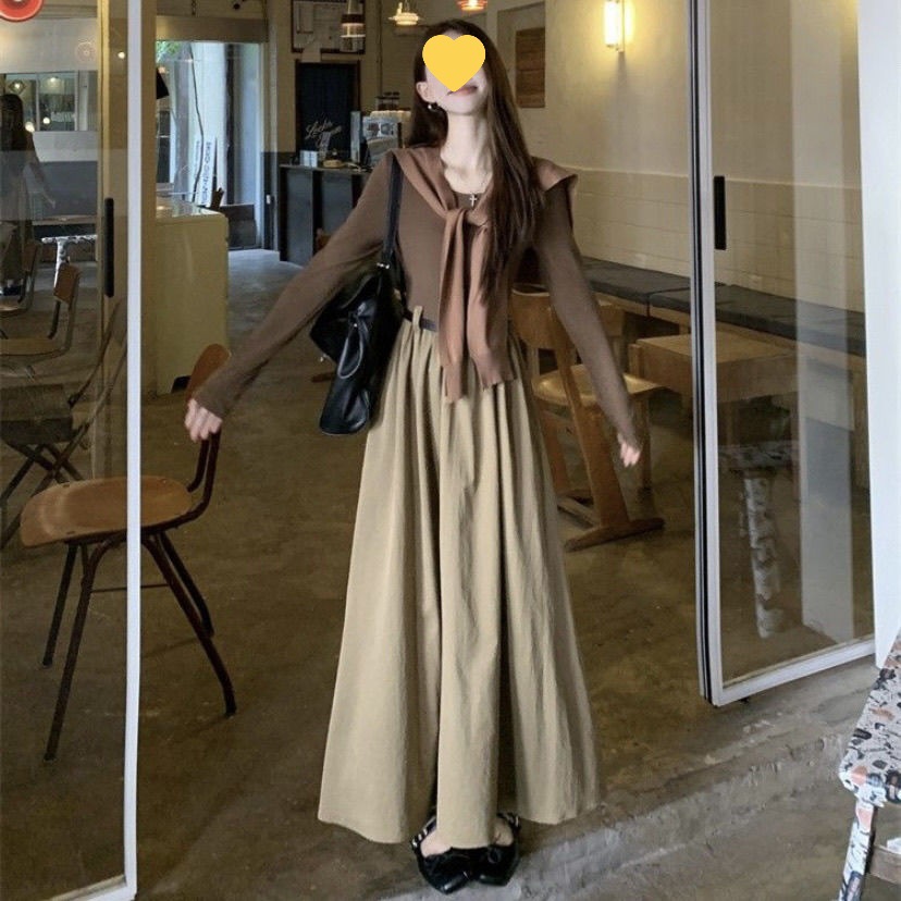 韩版通勤字连衣裙女早秋穿搭一整套修身显瘦温柔气质长袖长裙子