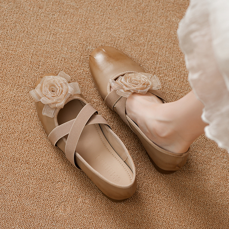 Cowhide French Flower Shoes for Women 2025 New Spring Fashion Round Toe Ballet Shallow Mouth Flats Shoes Large and Small Sizes