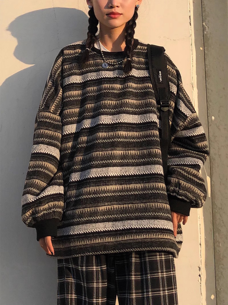 2025 primavera y otoño tendencia en coreano retro perezoso tweed camisa de punto a rayas suéter de cuello redondo para hombres y mujeres